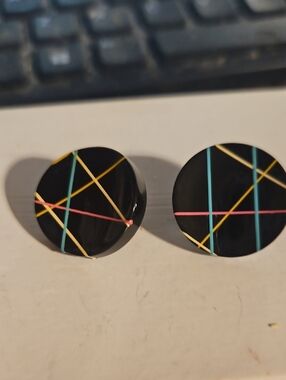 Vtg 80's Black Lucite Striped Pierced Earrings